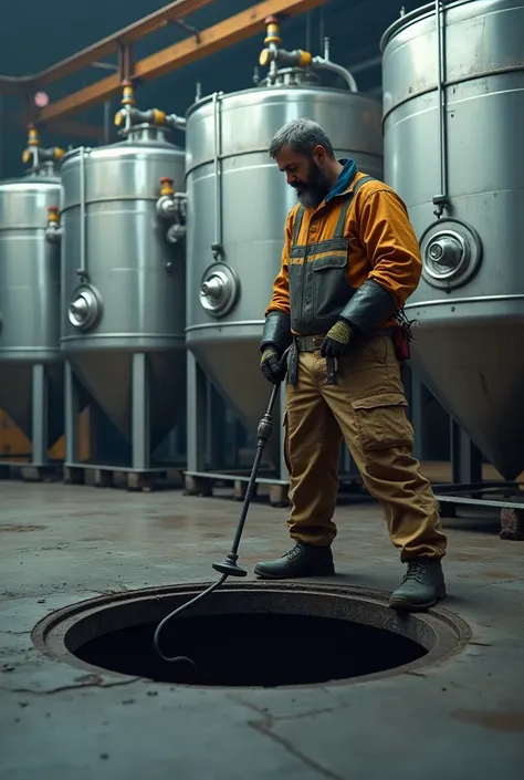 CREATE AN IMAGE OF A METALWORKING COMPANY WITH 4 LARGE WASHING TANKS AND A DRAIN WHERE AN OPERATOR WITH A PLUG IN HIS HAND IS TRYING TO PLUG THE DRAIN