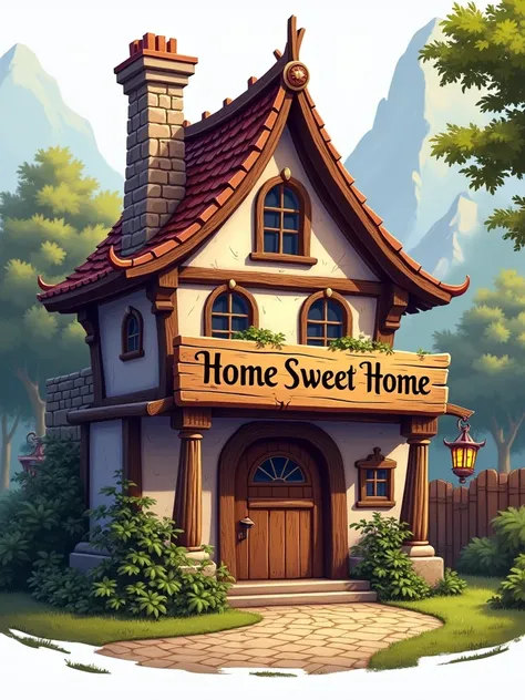 Logo. At the center of the image, there is a lilac and brown house with a sign that says "Home Sweet Home." The image features well-detailed elements with a medieval touch. Wordmark. Label.