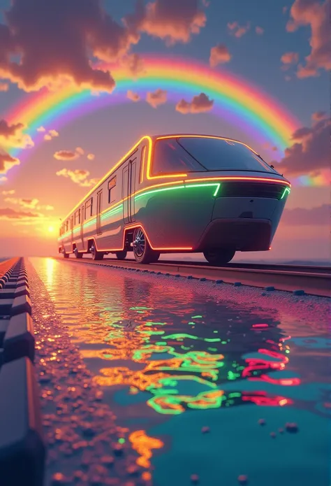 Rainbow colored linear motor car、Linear motor car running on rainbow-colored tracks，colorful，Beautiful views，wonderful景色，Utopia，An atmosphere full of dreams and hope，masterpiece． 16K, Ultra-high resolution, Ultra-high resolution, to be born,wonderful ,futu...