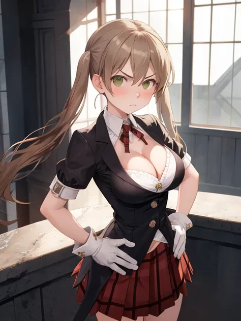 masterpiece, best quality, large breasts, 1girl, solo, arrogant face, looking at viewer, front, big breasts, front, cleavage, both hands on hips, breast focus, MakaAlbarn, plaid skirt, twintails, gloves, light brown hair