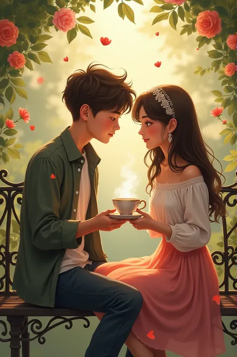 Romantic boy and girl with cup of tea