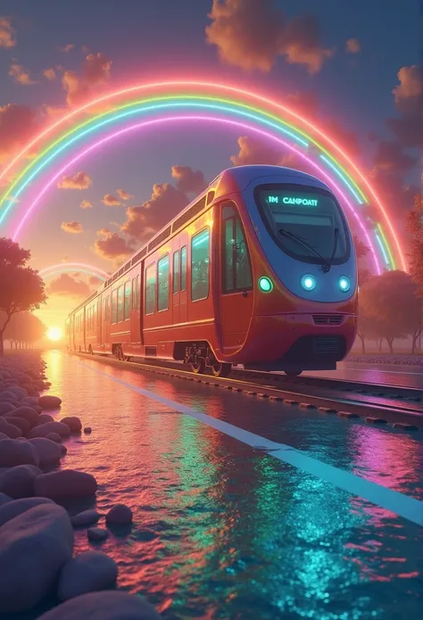 Rainbow colored linear motor car、Linear motor car running on rainbow-colored tracks，colorful，Beautiful views，wonderful景色，Utopia，An atmosphere full of dreams and hope，masterpiece． 16K, Ultra-high resolution, Ultra-high resolution, to be born,wonderful ,futu...