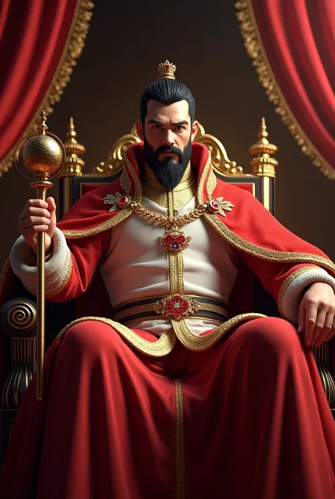 A stately emperor, sitting in a gilded throne, with a serious and authoritative expression. He wears a red cape with gold trim, closed clothes, with a ruby brooch on his chest. Your hair is black and well groomed, with a well-defined beard. He holds a gold...