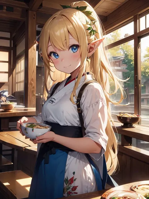 High resolution, 8K Ultra HD, ((ink and painting)), ((one lady elf)), inside a Japanese soba restaurant. An elf is carrying a small bowl of wide udon noodles on a tray. Blonde long hair elf, blue eyes, a little smile