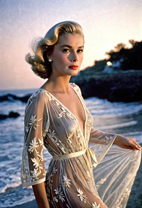 A lovely woman (Grace Kelly, age 25, open sheer night gown, no underwear, trimmed vagina hair) walking by the sea side, gentle breeze, erect nipples, beach at night,
