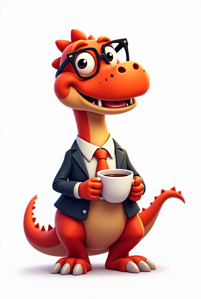 Dinosaurio tipo cartoon de color rojo, tierno, feliz con ropa formal, con gafas, tomando café, en un fondo blanco 