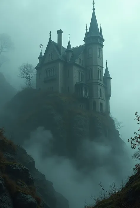 A shadowy mansion shrouded in mist 