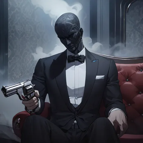 1man, masterpiece, strange head, couch, gun, pistol, smoke, formal clothes, suit, white shirt, gorgeous, no humans, cinematic, dramatic, contrast, night, fog, wallpaper, misteryous,