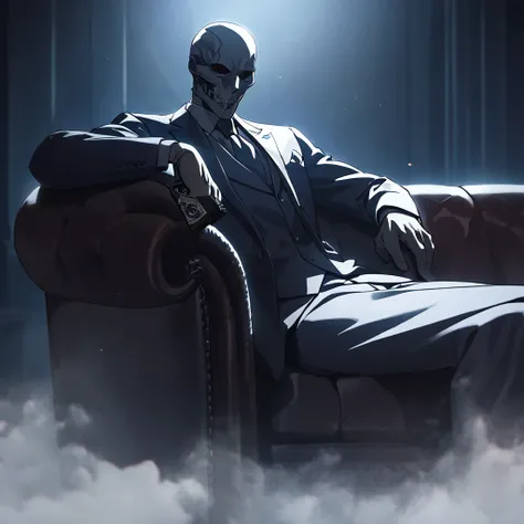 1man, masterpiece, strange head, couch, gun, pistol, smoke, formal clothes, suit, white shirt, gorgeous, no humans, cinematic, dramatic, contrast, night, fog, wallpaper, misteryous,