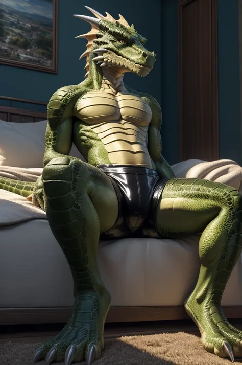 ((( masterpiece, Highest quality, High resolution, Deeply drawn boundaries, 8k, Super detailed))), ((Detailed face:1.2, Detailed eyes)), Lizardman, male , (slim), (Latex hot pants), Full body view, (belly scales), Sitting with legs apart, Slit pupil, Green...