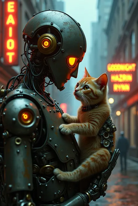 A realistic close up shot of  a cyberpunk steampunk style man and kitten .  The man and kitten body combine mechanical elements, with brass gears and neon lits eyes. Its legs are made of complex steel joints and metal wires.  The background is steampunk ci...