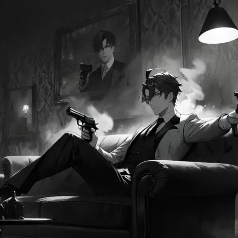 1man, masterpiece, strange head, couch, gun, pistol, smoke, formal clothes, suit, white shirt, gorgeous, no humans, cinematic, dramatic, contrast, night, fog, wallpaper, misteryous,