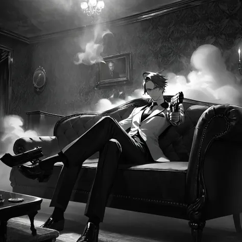 1man, masterpiece, strange head, couch, gun, pistol, smoke, formal clothes, suit, white shirt, gorgeous, no humans, cinematic, dramatic, contrast, night, fog, wallpaper, misteryous,