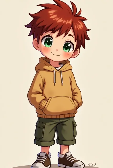 Male child side with dark red hair and green eyes (Kyan). Adorable, wearing a hoodie and cargo shorts, happy expression, simple background