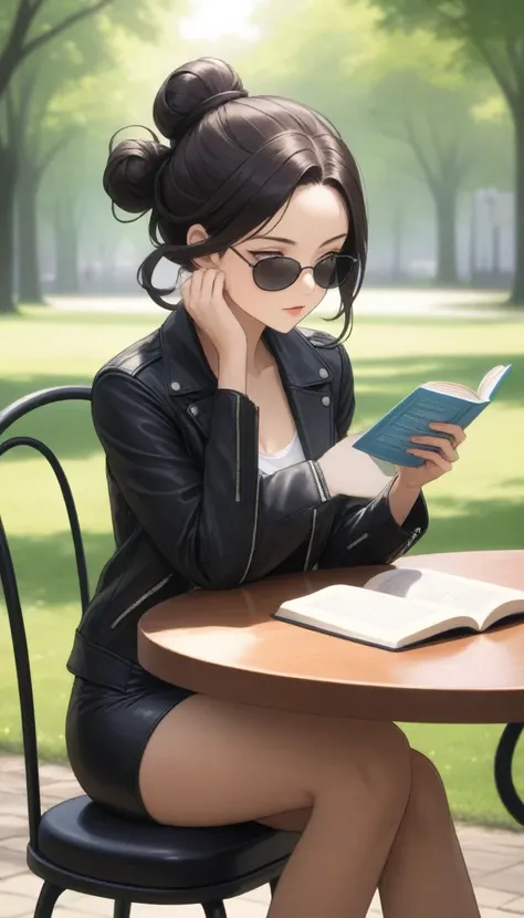 A striking young woman sits at a table in a sunlit park, fully immersed in reading a book. She has long, dark hair elegantly tied up in a bun, with stylish sunglasses perched ((on top her head)). Her hair is accented with a few loose, soft curls that frame...