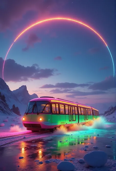 Rainbow colored linear motor car、Linear motor car running on rainbow-colored tracks，colorful，Beautiful views，wonderful景色，Utopia，An atmosphere full of dreams and hope，masterpiece． 16K, Ultra-high resolution, Ultra-high resolution, to be born,wonderful ,futu...