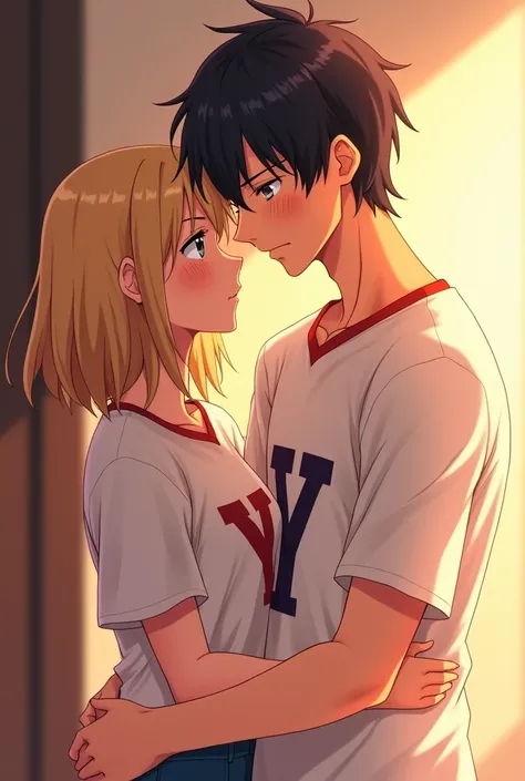 Anime-style image of a couple hugging, blonde woman, Medium hair, pretty with letter Y on her shirt,black hair man, medium length, thick build ,letter N on her shirt.