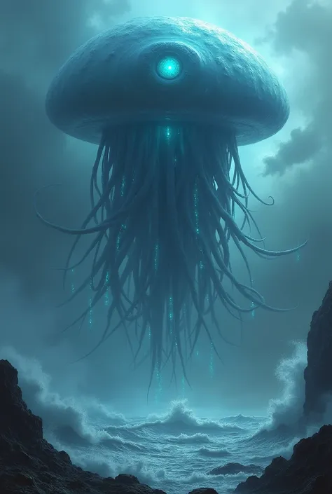 An image of horror, open sea, tempest, big waves, a giant jellyfish flying in the sky among the clouds, she has a single huge eye in the middle, It has thousands and thousands of tentacles that glow slightly blue, they are huge and go from your head to the...