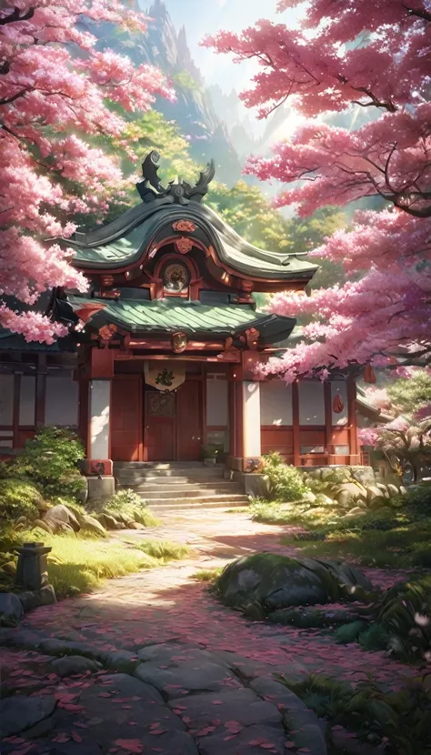 detailed jinja shrine, cheery blossom forest, white tone lighting, no character, high quality, 8k, realistic, detailed landscape...