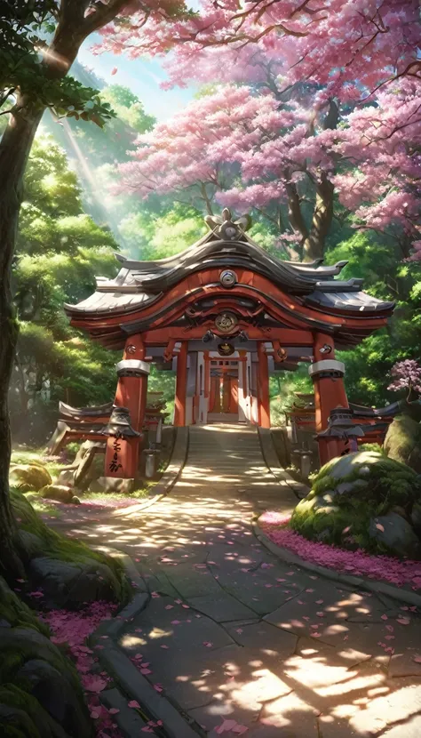 detailed jinja shrine, cheery blossom forest, white tone lighting, no character, high quality, 8k, realistic, detailed landscape...