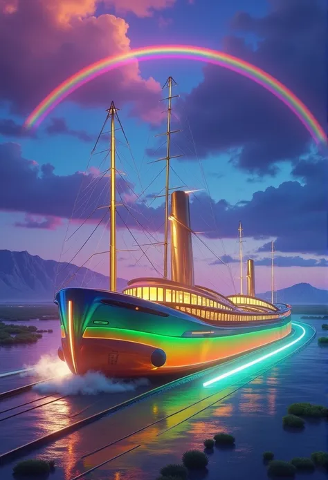 Rainbow colored linear motor car、Linear motor car running on rainbow-colored tracks，colorful，Beautiful views，wonderful景色，Utopia，An atmosphere full of dreams and hope，masterpiece． 16K, Ultra-high resolution, Ultra-high resolution, to be born,wonderful ,futu...