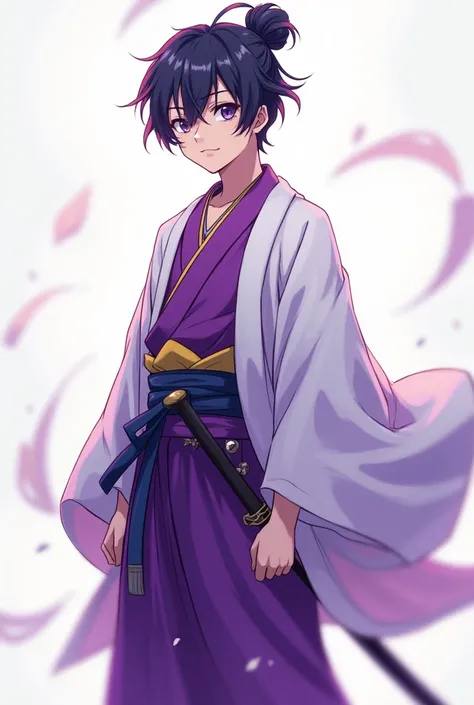 (illustrator) sketsa anime, samurai, kimono, blurple + white, front position, full body, boy, age 18