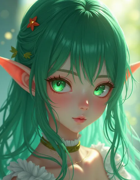 Leina, deviation, animated, anime elf ears girl, green hair and resplendant green eyes, colorful iridescent, aesthetic, osyare kei, mori kei, The Glitter of Gemstones, Pretty and delicate and beautiful, elf ears, painting, The Aesthetics of Hand-Drawn Illu...