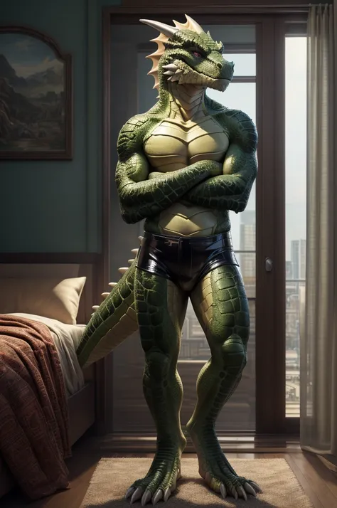 ((( masterpiece, Highest quality, High resolution, Deeply drawn boundaries, 8k, Super detailed))), ((Detailed face:1.2, Detailed eyes)), Lizardman, male , (slim), (Latex hot pants), Full body view, (belly scales), Standing with legs apart, Slit pupil, Gree...