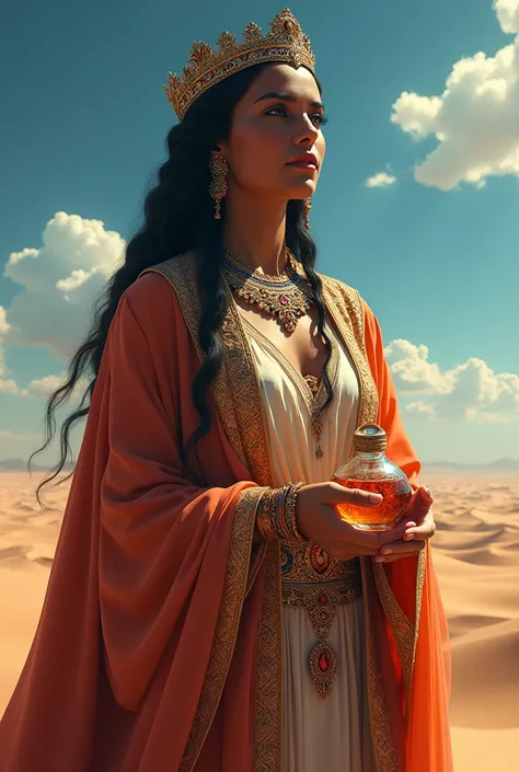 Queen of Sheba, facing the desert, holding a bottle of arabic perfume