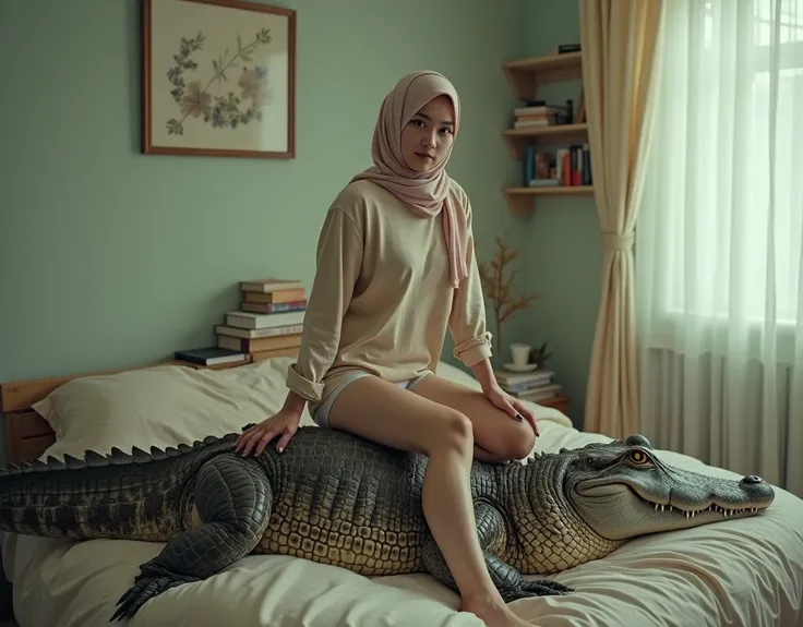 A captivating and surreal portrait photograph of a young woman, confidently while sitting atop a large, well-groomed alligator. and the alligator has an air of calmness and trust. She is a woman wearing a hijab and a long-sleeved shirt, with Underwear as h...