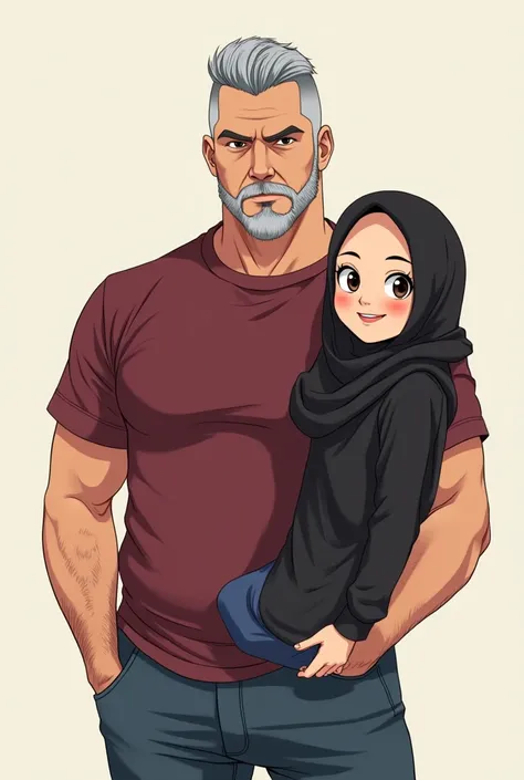 Drawing portrait anime of a serious 61-year-old man, Much older than the girl. The man has grey hair combed back in a pompadour style, and the sides are shaved, the length of his hair is short, tough body, and has a beard. He wears a maroon t-shirt and jea...