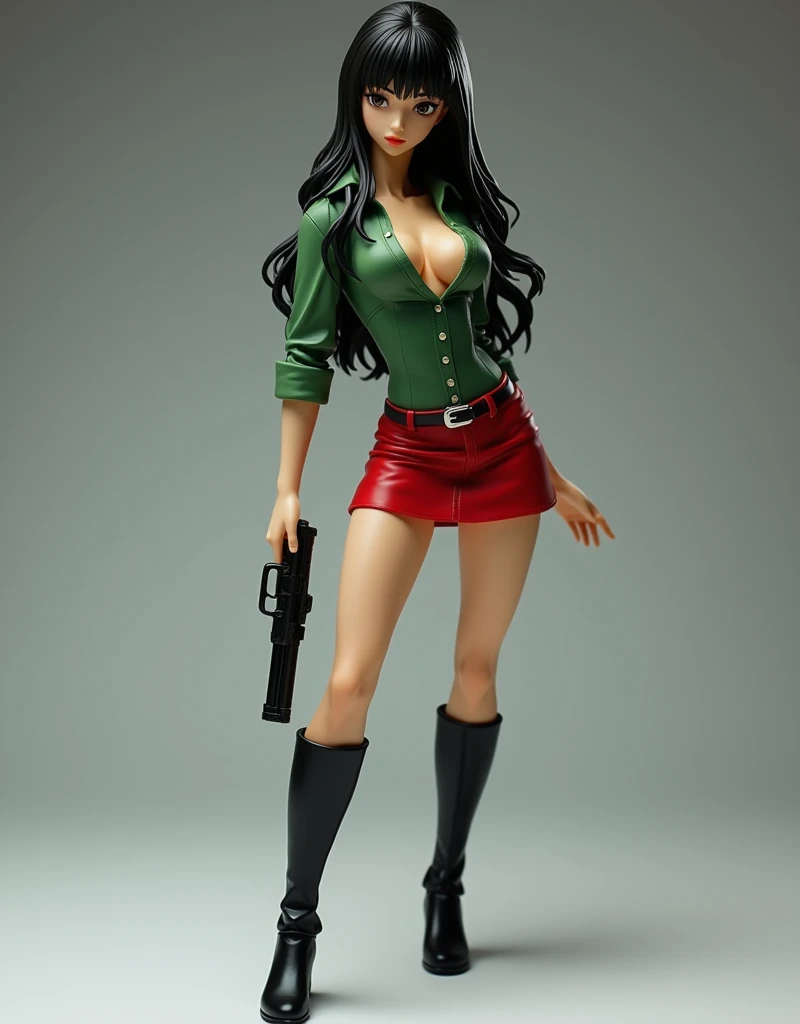 ((( masterpiece ))), (((Highest quality))), ((Very detailed)), (photograph), (photo:1.2) of an action figure of famous anime "Fujiko Mine". Shes in a sexy, alluring and attractive pose. She holds a gun, wears a tight green shirt with cleavage and a tight r...