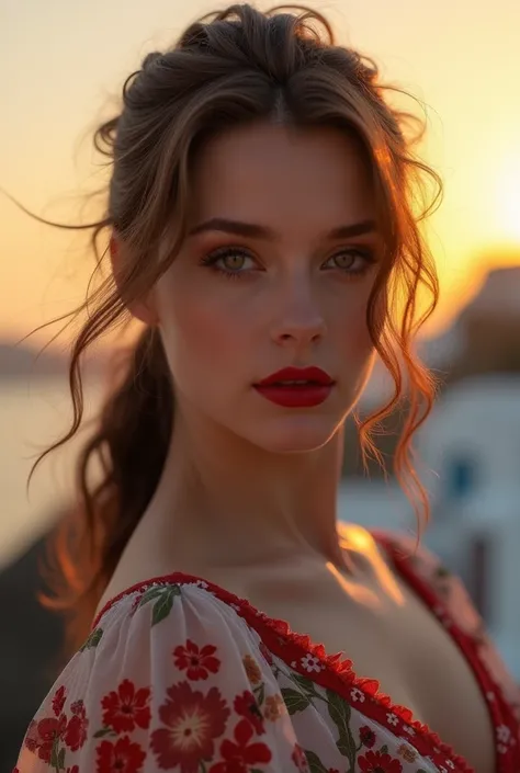 western, flower_dress, hot girl, santorini, greece, looking at sunset, makeup, (masterpiece), best quality, high resolution, extremely detailed, blurred background, depth of field, cinematic lighting. Russian women big pumped lips red lipstick super big fa...