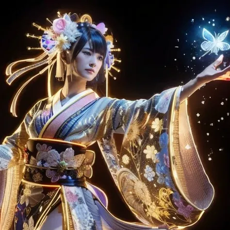 a beautiful woman in illuminated kimono with LED lights, dynamic pose, thrust hand, full body, ancient Japan, neon sign, heian era, cyberpunk, magical illumination, magical effect, masterpiece, high quality, Japanese, kawaii,ギャルメイク、痩せてる、スレンダー、