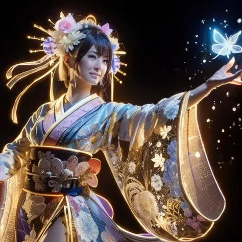 a beautiful woman in illuminated kimono with LED lights, dynamic pose, thrust hand, full body, ancient Japan, neon sign, heian era, cyberpunk, magical illumination, magical effect, masterpiece, high quality, Japanese, kawaii,ギャルメイク、痩せてる、スレンダー、