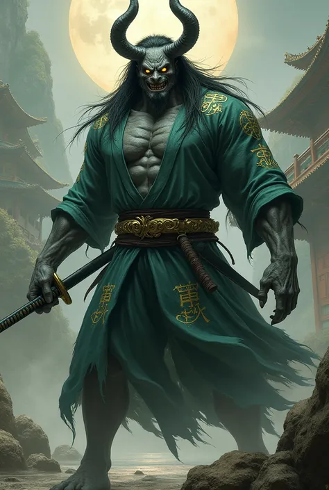 A four-eyed demon with a muscular body and four arms, wearing a green ancient Japanese costume, a katana sword, gray skin, long black hair, yellow eyes, and kanji characters in the eyeballs.