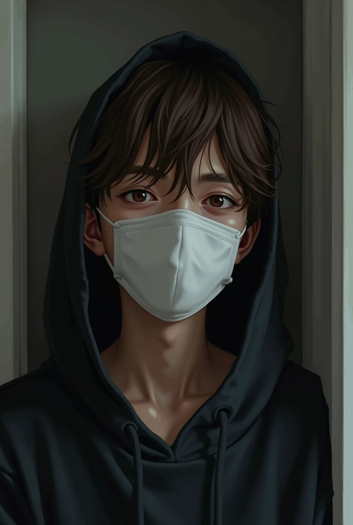 A slightly shorter adult male、Brown hair, short、wearing a white mask。He is a cute man with a gentle face.。Wearing a black hoodie、I&#39;m not wearing anything underneath。Having sex。