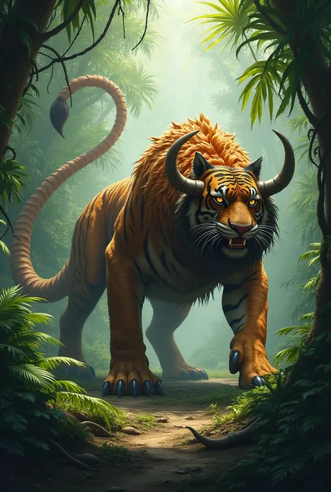 Manticore, Deep Jungle, Tiger-like body, Covered in sharp scales, Has a long venomous stinger, It is approximately 4 meters long, It weighs approximately 300 kilograms.