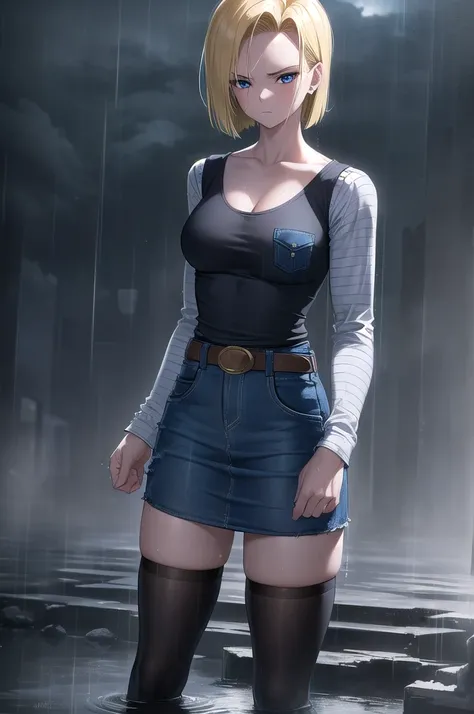 Android 18, One person, alone, Blonde, blue eyes, eyelash, hoop Earrings, short hair, Earrings, break belt, Black legwear, black shirt, breast pocket, Cleavage, clavicle, denim, denim skirt, high-waist skirt, jewelry, Long sleeve, pocket, shirt, shirt tuck...