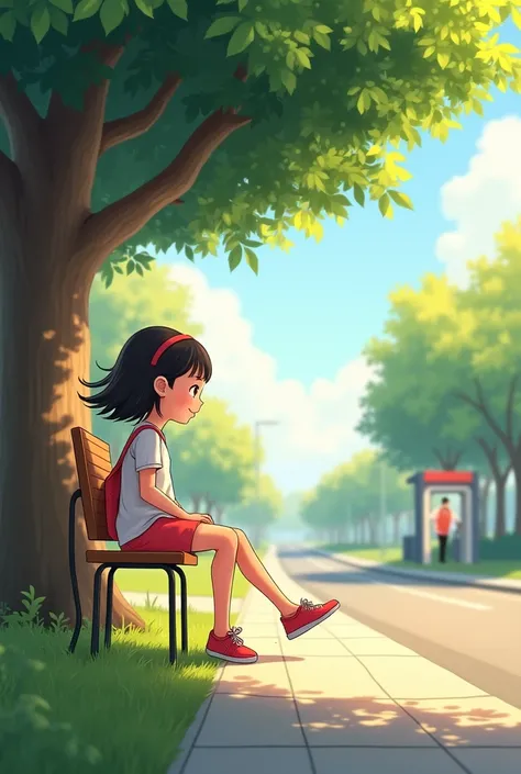 A 5-year-old girl sits on a chair under a tree near the road waiting for her school pick-up near the security guard post.