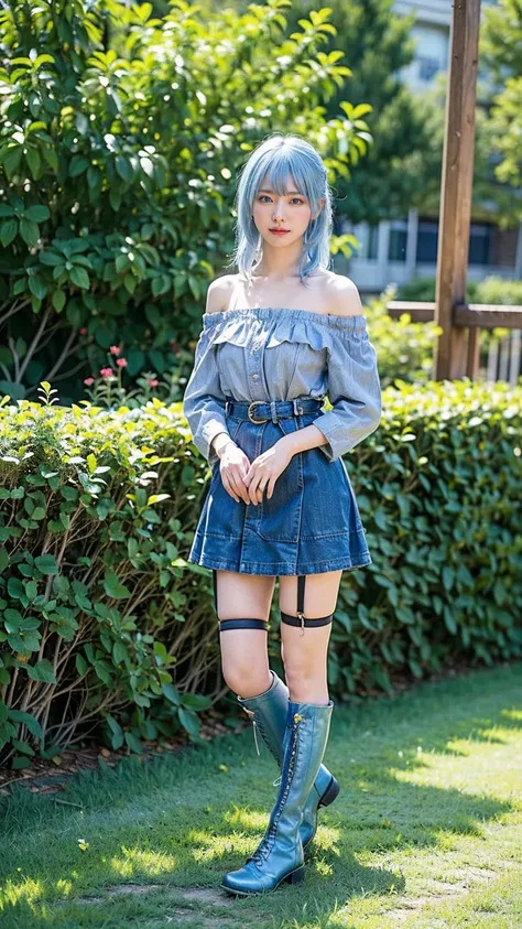 (8k、RAW Photos、Highest quality、masterpiece:1.2)、(Realistic、Realistic)、1 person、((Light blue hair、boots、Off the shoulder、garter belt、whole body、garden、Check mini skirt、garden、View from the front、Looking into the camera、Hands on your hips))、cute