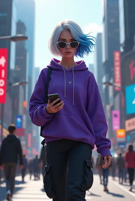 demon girl, Short white and blue hair,silver cross necklace,Sunglasses, purple sweatshirt, black cargo pants,WHITE TENNIS, earphones, holding her cell phone, walking through a big city 