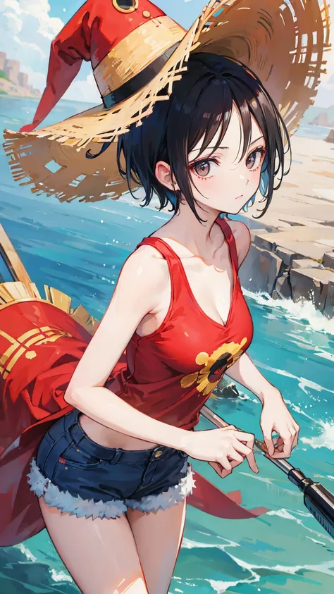 1girl, female luffy in one piece, short hair , black hair, black eyes, beautiful,straw hat , red clothes , city background, ultra detail, realistic, 4k picture, textured skin