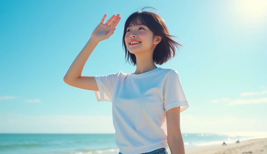 ((Top quality)), ((Masterpiece)), (Detail), Perfect face, Japanese woman, Teenage girl, Immaculate, White T-shirt, blue shorts, short black hair, big breasts, one hand raised dazzlingly, bright smile, blue summer sky, strong sunlight, sandy beach, depth of...