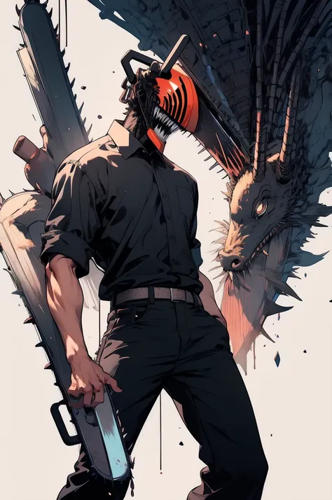 cowboy shot, solo, male focus, 1 boy, man with chainsaw, chainsaw, sharp teeth, collared shirt, black tie, rolled up sleeves, bl...