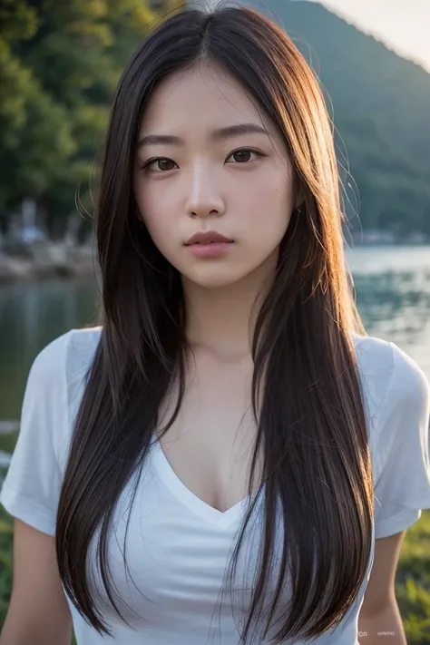 8k, Highest quality, masterpiece, Ultra-high resolution, (Realistic:1.4), RAW Photos, (Film Grain:1.3), one person&#39;s, Portrait of a thin Japanese woman, 22 years old, Stand on the beach, Cute Face, Detailed face, Detailed eyes, {short|length} hair, cor...