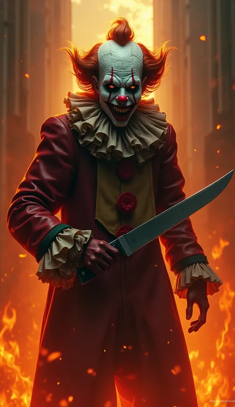 le clown Gurdy avec un couteau et un feu derrière