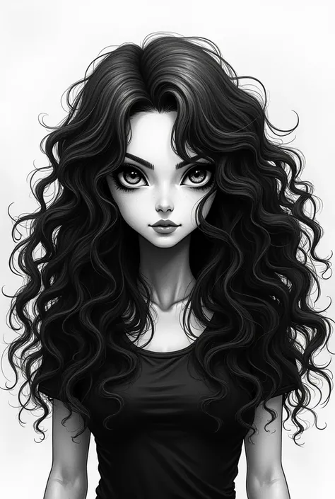 A drawing entirely in black and white with a long, curly haired

