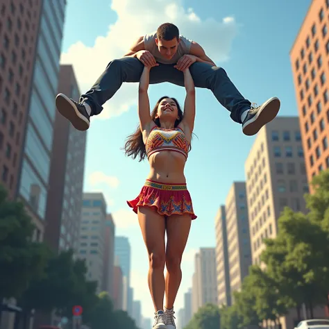 Beautiful Girl lifting a man high over her head with her strong arms. She is standing on a street with tall buildings in the background. Teenage girl wearing cheer attire.