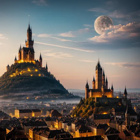 A large medieval city from the 1400s with a huge church in the center of the city with a large dome of holy energy over the entire city is in the background on the city skyline a huge Draculas castle from Castelvania hovering and releasing a black mist wit...